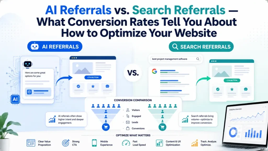 Infographic comparing AI referrals and search referrals: conversion funnels, browsing paths, and website optimization priorities
